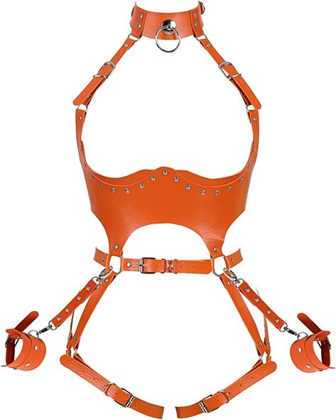 Waist Garter belt Punk Full body harness for women Photography Dance Rock Halloween Leather cage Chest strap set (Orange) at Amazon Women’s Clothing store Jjba Fashion, Body Harness Outfits, Leather Harness Women, Full Body Harness, Black Waist Belt, Body Chain Harness, Leather Garter, Harness Fashion, Body Types Women