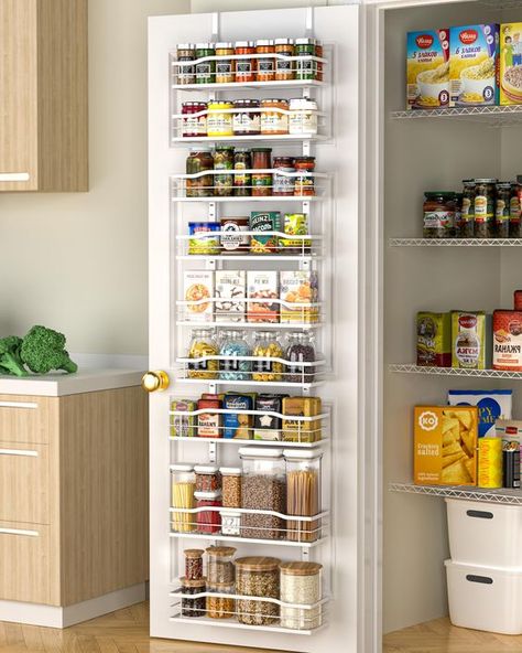 PRICES MAY VARY. Maximize Your Space: Please measure the width of your door before purchasing to see if it can fit a 12.2"W shelf. Our 9-Tier over the door pantry organizer is designed to make the most of your storage space, allowing you to store more items in a smaller area such as spice and some jars. Perfect for small kitchens or those with limited storage space. Durable & Strong: Made with high-quality, durable metal, our pantry organization can withstand the weight of heavy cans and jars, k Garage Pantry Organization, Kitchen Pantry Organisation, Pantry Food Storage Ideas, Storage Ideas For Small Homes, Small Pantry Closet, Small Pantry Organization Ideas, Door Pantry Organizer, Pantry Door Storage, Deep Pantry Organization