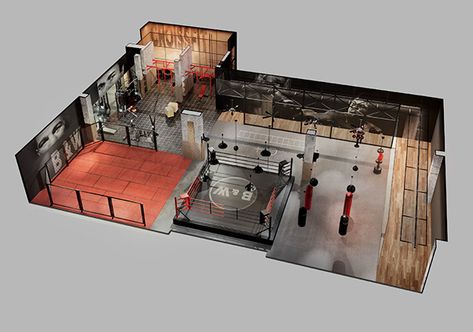 Mma Gym Interior, Boxing Room At Home, Boxing Gym Ideas, Gym Exterior Design, Sport Club Design, Fitness Club Design, Boxing Gym Design, Boxing Studio, Crossfit Garage Gym