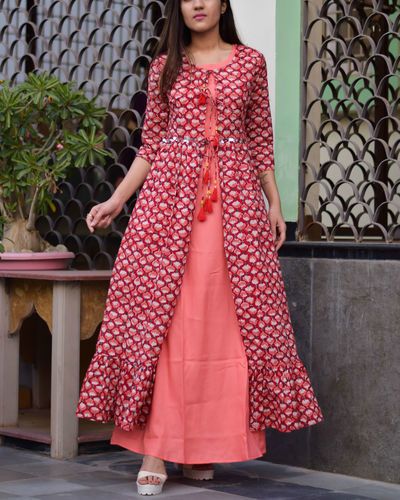 Red And Peach Double Layered Dress The Secret Label, Long Kurti Designs, Long Gown Dress, Long Dress Design, Indian Gowns Dresses, Kurti Designs Party Wear, Layered Dress, Designer Party Wear Dresses, Blouse Design Models