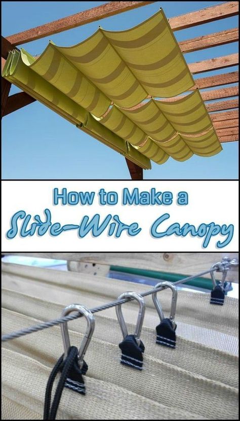 DIY Canopy - Retractable Shade for Your Pergola | Diy canopy, Slide wire canopy, Backyard Slide Wire Canopy, Retractable Shade, Diy Canopy, Pergola Attached To House, Desain Lanskap, Outdoor Kitchen Design Layout, Patio Shade, Outdoor Diy Projects, Pergola Plans