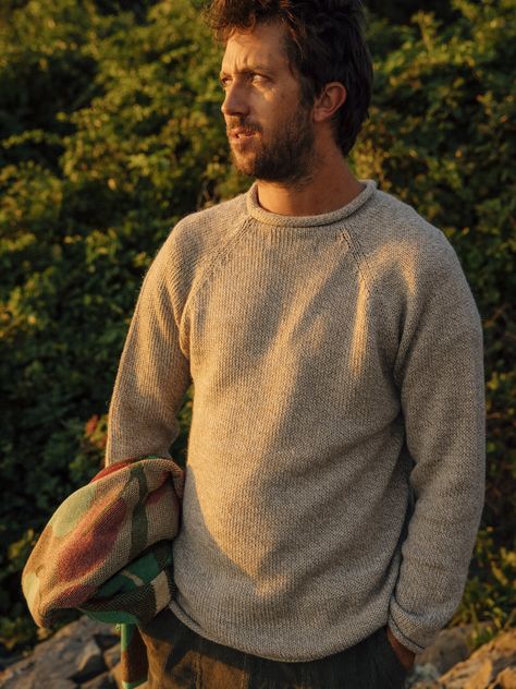 This easy everyday raglan sweater is of a cozy soft, heathered Alpaca blended yarn and features a gently rolled neck, cuffs and hem. Made in Peru 50% Alpaca, 45% Acrylic, 5% Wool Men’s Wool Sweater, Guys In Sweaters Aesthetic, Outdoor Fashion Men, Men’s Surfer Fashion, Coastal Grandpa Outfits Men, Coastal Grandpa Outfits, Surfer Boy Aesthetic Outfit, Man In Sweater, Roll Neck Sweater Outfit