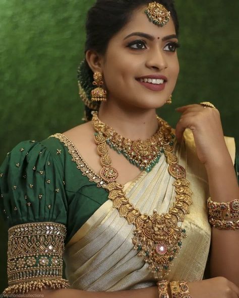 Pattu Blouse Back Designs, Trendy Bridal Blouse Designs, Puff Sleeves Maggam Work Blouses, Blouse Designs For Muhurtham, Blouse Design For Marriage, Uppada Saree Blouse Designs, Nath Embroidery Blouse Design, Pattu Blouse Designs Latest, Puff Sleeve Aari Work Blouse