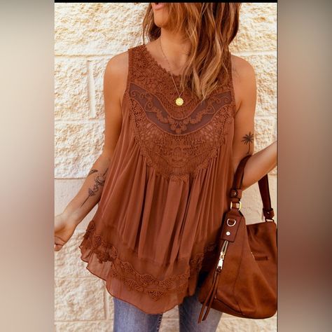 Babydoll Top W/ Lace Detail On Chest & Hem (5) Buttons On The Back Sleeveless Color/ Terracotta 95% Polyester 5% Elastane Babydoll Style, Womens Sleeveless Tops, Boho Lace, Color Marron, Vest Top, Lace Design, Boho Tops, Lace Tops, Blue Lace