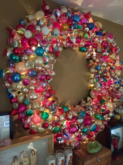 The Big Ornament Wreath for 2016 – THE CAVENDER DIARY Big Wreath, Ornament Wreaths, Vintage Ornament Wreath, Vintage Glass Ornaments, Retro Christmas Decorations, Christmas Ornament Wreath, Wreath Frame, Candyland Decorations, Xmas Wreaths