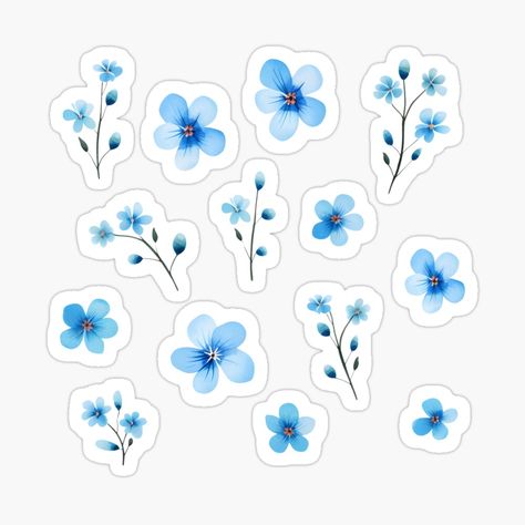 Blue Journal Stickers, Blue Stickers Aesthetic, Light Blue Stickers, Tiny Stickers, Blue Scrapbook, Aesthetic School, Color Celeste, Flower Stickers, Pola Kartu