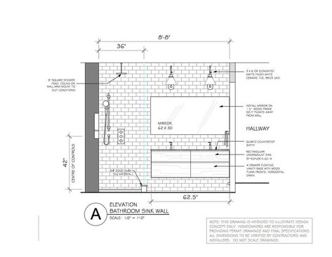 E-Design Bathroom: From Concept to Sneak Peek — CAROL REED INTERIOR DESIGN. Modern bathroom design, elevation, CAD drawing, floating vanity design, subway tile, lighting design, shower design. See the plans and progress pics on the CREED Blog in link. |  Design by:  CAROL REED INTERIOR DESIGN INC. Bedroom Lamps Design, Interior Design Toilet, Vanity Height, Apartment Bathroom Design, Ikea Kitchen Design, Elevation Plan, Elevation Drawing, Bathroom Floor Plans, Drawing Interior