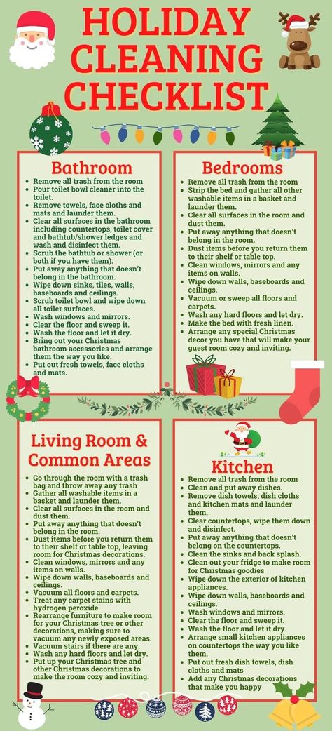 Pin title reads "Christmas cleaning checklist" with a complete Christmas cleaning list for your Holiday cleaning and organizing. Graphics show Santa, a reindeer, ornaments, gifts, stockings, snowman, bells, and a Christmas tree Christmas Cleaning Checklist, Holiday Cleaning Checklist, Cleaning Calendar, Easy House Cleaning, Christmas Checklist, Christmas Cleaning, Holiday Cleaning, Fall Cleaning, House Cleaning Checklist