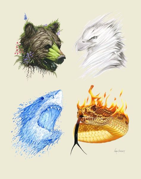 I like em The Four Elements, Elemental Magic, Animal Art Prints, Four Elements, Fantasy Creatures Art, Mythical Creatures Art, Arte Fantasy, 판타지 아트, Creature Concept