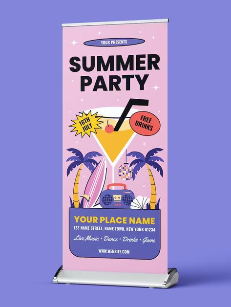 Summer Night Party Roll-up Banner Template PSD, AI, EPS Event Banners Designs, Banner Roll Up Design, Banner Ideas Design, Party Banner Design, Banner Design Ideas, Rollup Design, Rollup Banner Design, Roll Up Banner Design, Summer Night Party