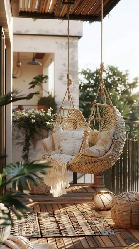 Balcony Swing Chair, Personal Retreat Ideas, Boho Balcony Decor, Boho Front Porch, Balcony Swing, Boho Balcony Ideas, Balcony Herb Gardens, Balcony Decor Ideas, Boho Balcony