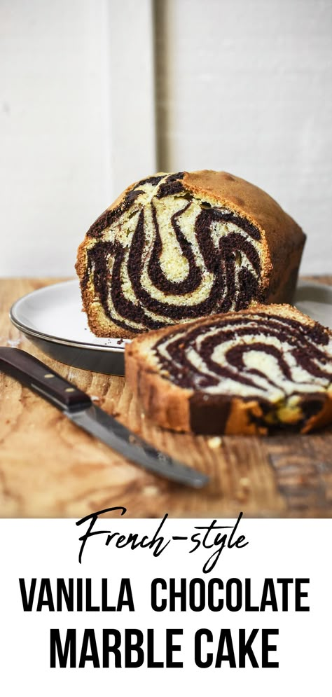 This Chocolate Vanilla Marble Cake is a French classic. Buttery, moist, tender and eye-catching with its pretty chocolate-vanilla swirls. It's  classically suited for any occasion – be it a child’s after-school snack or a fancier tea time gathering. Chocolate Marble Cake, Marble Cake Recipes, Healthy Cake Recipes, Cake Recipes From Scratch, Dessert Cake Recipes, Best Cake Recipes, Marble Cake, Healthy Cake, Vanilla Chocolate