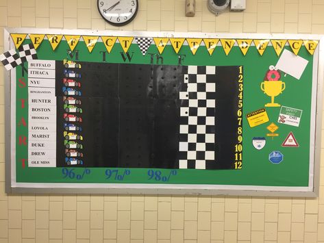 Attendance race track bulletin board. Elementary Attendance Bulletin Boards, Racecar Bulletin Board Ideas, Race Track Bulletin Board Ideas, Progress Tracking Bulletin Board, Goal Tracking Bulletin Board, Racing Bulletin Board Ideas, Race Car Bulletin Board, Track Bulletin Board, Mario Kart Bulletin Board