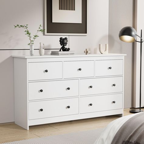 PRICES MAY VARY. 【Modern Minimalist Design】JOZZBY bedroom dresser features a sleek natural beige finish, black metal handles and a contemporary design. Combining a minimalist look with great storage capacity, it provides storage space for home furnishings while complementing any modern interior. 【Extra Large Storage Space】 White dresser measures 55.1"(W) x 15.8"(D) x 32.3"(H). The oversized top of this chest of drawers is the perfect place to display decor, photos, plants, and more. It also has White Dresser Black Handles, Cozy Bedroom Dresser, White Dresser Black Hardware, Long Dressers Bedroom, White Dresser Nursery, Baby Room Dresser, Black Dresser Bedroom, Nursery Closets, Dresser For Nursery