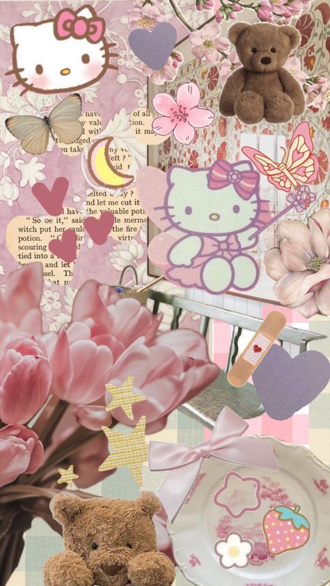 #coquette #hellokitty #pink #teddybear Hello Kitty Wallpaper Collage, Hello Kitty Collage Wallpaper, Pink Hello Kitty Wallpapers, Hello Kitty Collage, Pink Hello Kitty Wallpaper Iphone, Retro Coquette, Hello Kitty Imagenes, Y2k Hello Kitty, Hello Kitty Wallpaper Hd