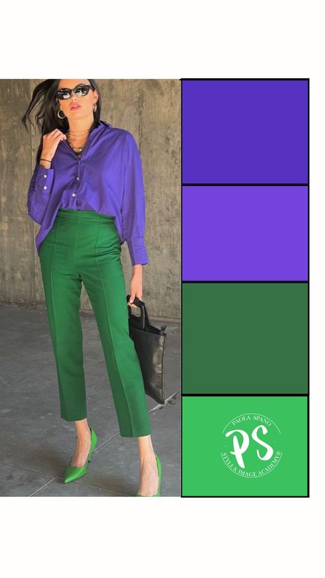 Purple And Green Outfits, Green Blouse Outfit, Green Pants Outfit, Colour Combinations Fashion, Color Combos Outfit, Color Blocking Outfits, Color Combinations For Clothes, Chique Outfits, Stylish Work Attire