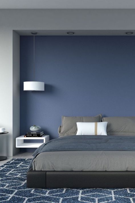 Blue Walls with Dark Gray Bedding for Bedroom Bedding Color Ideas, Color Ideas For Bedroom, Dark Gray Bedding, Dark Blue Bedding, Bedroom With Blue Walls, Bedding Colors, Dark Grey Bedding, Modern Black Bedroom, Navy Blue Bedding