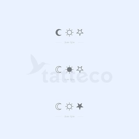 Sister Tattoos For 3 Sun Moon Star, Sun Moon Stars Mother Daughter Tattoo, Moon Star Sun Tattoo Best Friends, Star Moon Sun Tattoo Friends, Small Tattoos For 3 Best Friends, Three People Tattoos Ideas, Sun Moon Star Tattoo Friends, Three Person Matching Tattoos, Tattoos For Three People