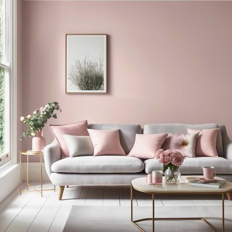 Pink Wall Grey Floor, Dusty Rose Living Room Walls, Pink And Gray Walls, Pink Grey And White Living Room, Pink Lounge Ideas Living Rooms, Pink And Grey Living Room Ideas, Dusky Pink Living Room, Pale Pink Living Room, Pink Walls Living Room