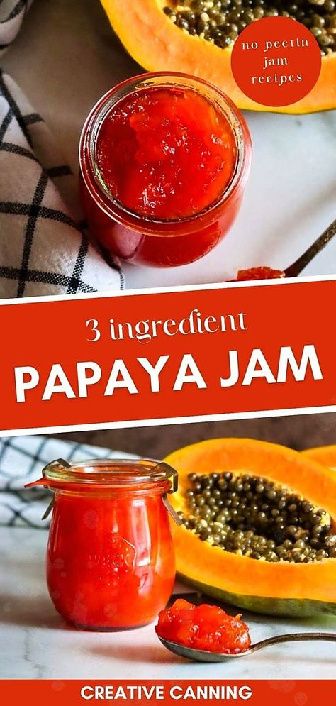 Discover the tropical delight of 3 Ingredient Papaya Jam, a standout in our No Pectin Jam Recipes collection. This healthy papaya recipe captures the essence of the tropics in a jar, made simply with three ingredients and no additional pectin. It's an easy, delicious way to enjoy papaya all year round. Find more Canning Fruit Recipes, Canning Recipes for Beginners, and Home Canning Recipes at creativecanning.com. Canning Recipes For Beginners, Papaya Jam, Papaya Recipe, Canning Fruit Recipes, Papaya Recipes, Lemon Juice Uses, Mango Jam, Canning Fruit, Home Canning Recipes