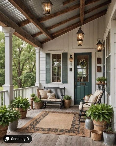 Farmhouse Exterior Small House, Charming Front Porch, Rustic Farmhouse Exterior Country Houses, Rustic Patio Decorating Ideas Country Living, Small Farmhouse Front Porch, Porch Storage Ideas Outdoor, Front Door Porch Ideas Entrance, Outside Porch Ideas, Bungalow Front Porch Ideas