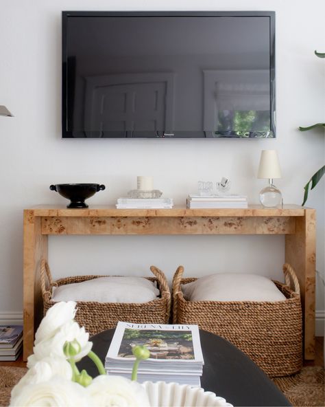 Tv Console With Ottomans Underneath, Mounted Tv In Small Living Room, Bedroom And Tv Ideas, Sofa Table As Tv Console, Tv Stand Decor Living Room Minimalist, Decor Under Mounted Tv Living Rooms, Ottomans Under Tv, Coffee Table As Tv Stand, Coffee Table Under Mounted Tv