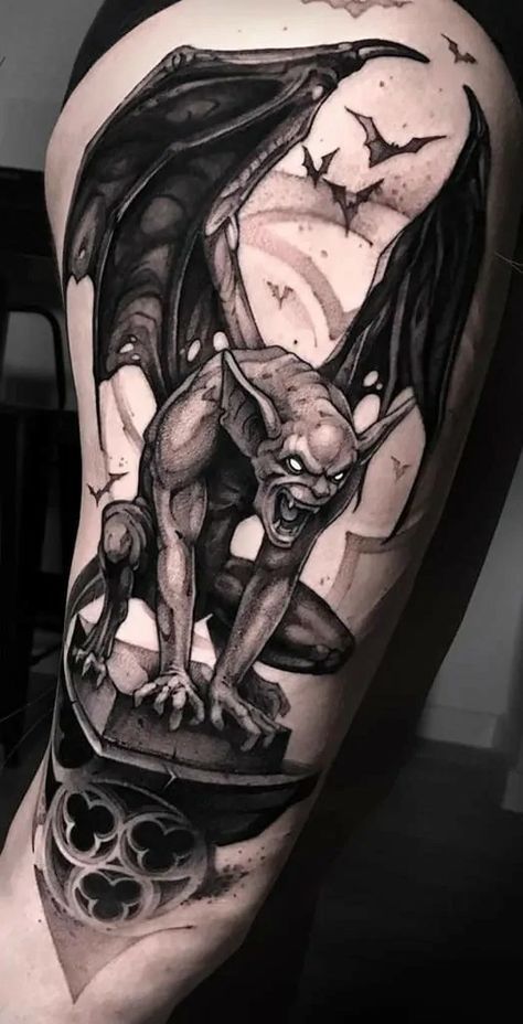 Gargoyle Tattoo For Women, Werewolf Tattoo, Gargoyle Tattoo, Supernatural Tattoo, Unicorn Tattoos, Demon Tattoo, Scary Tattoos, Theme Tattoo, Floral Tattoo Sleeve