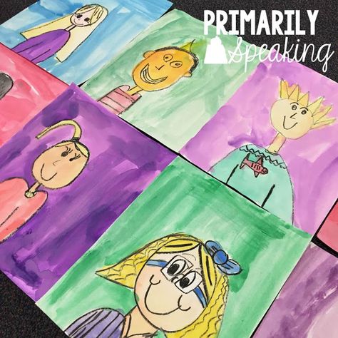 First Week Watercolor Portraits | Primarily Speaking Kindergarten Self Portraits, Self Portrait Kids, 1st Grade Crafts, Portraits For Kids, Grade 1 Art, Self Portrait Drawing, Beginning Of Kindergarten, First Grade Art, Self Portrait Art