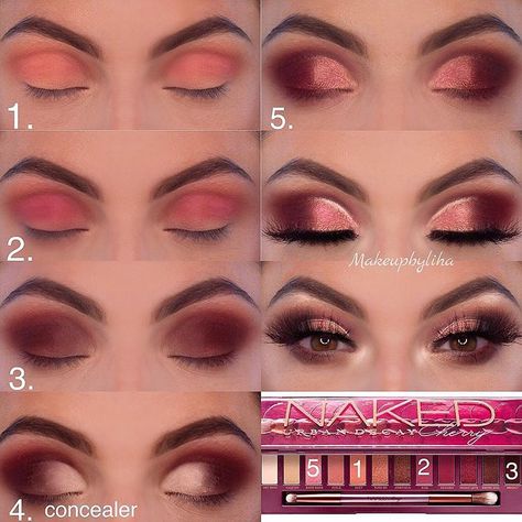 Cherry Palette, Teknik Makeup, Easy Eye Makeup Tutorial, Make Up Gold, Eyeliner Tips, Trendy Eyeshadow, Pink Eye Makeup, Rose Gold Makeup, Eyebrow Eyeshadow