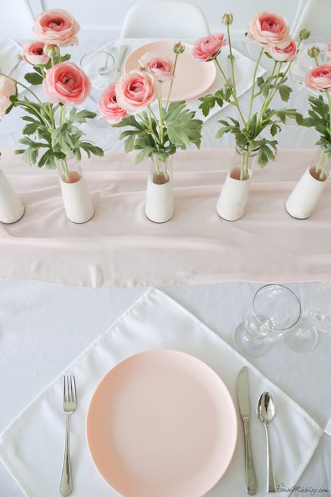 cheap centerpiece - dollar store vases - pink and white tablescape for valentine's day, baby shower or wedding - dining room Cheap Centerpieces, White Tablescape, Shower Flowers, Valentines Baby Shower, White Baby Showers, Bridal Shower Tables, Bridal Shower Centerpieces, Baby Shower Table, Pink Bridal Shower