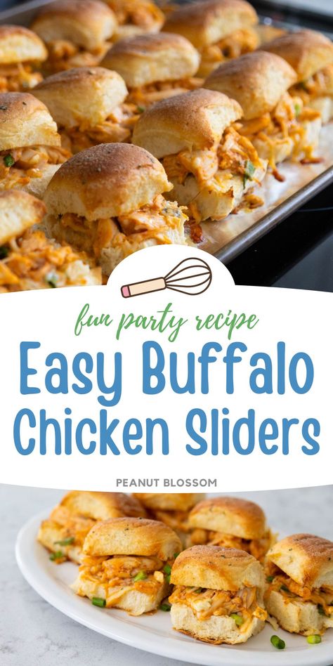 Serve a big pan of easy buffalo chicken sliders for your football party or as a special family weekend lunch. Crispy golden brown slider buns are loaded with tender spicy buffalo chicken in an ooey gooey finger sandwich you can't resist. Buffalo Chicken Pretzel Sliders, Easy Buffalo Chicken Sliders, Mini Burger Buns, Guy Food, Finger Sandwich, Sliders Recipes Chicken, Buffalo Chicken Sliders, Spicy Buffalo Chicken, Chicken Melts