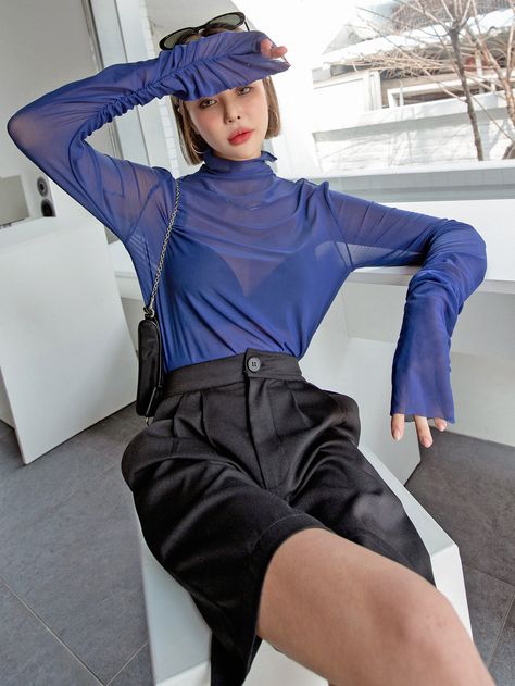 Royal Blue Casual Collar Long Sleeve Mesh Fabric Plain  Embellished Medium Stretch Spring/Summer Women Clothing Sheer Top Outfit, Colorful Womens Fashion, Mesh Top Outfit, Transparent Outfit, Top Transparente, Haut Transparent, Mesh Turtleneck, Top Azul, Sheer Mesh Top