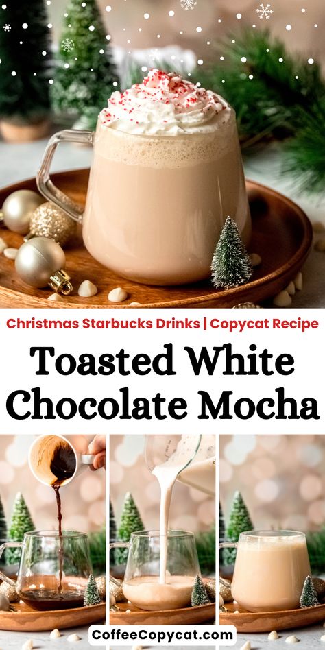 Cafe Coffee Recipes, Diy White Chocolate Mocha Starbucks, Toasted White Chocolate Mocha Recipe, Nespresso Christmas Drinks, White Chocolate Latte Recipe, White Coffee Recipes, Christmas Espresso Drinks, Fall Coffee Drink Ideas, Christmas Coffee Drink Recipes