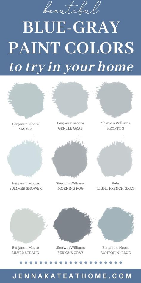 The most beautiful blue gray paint colors for every room in your home, featuring images of each color in real homes and a variety of rooms such as living rooms, kitchens and bedrooms. Updated for 2020. Benjamin Moore Relaxing Paint Colors, Bedroom Paint Colors Blue Grey, Kitchen Blue Paint Colors, Lait Grey Paint, Seattle Sherwin Williams Paint, Blue And Gray Basement Ideas, Cottage Living Room Wall Colours, Blue Painted Board And Batten, Sea Fog Paint Color