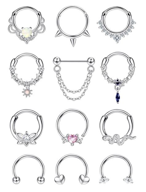 PRICES MAY VARY. ♦𝟭𝟮𝗣𝗰𝘀 𝗦𝗲𝗽𝘁𝘂𝗺 𝗥𝗶𝗻𝗴𝘀♦One order includes 12pcs septum rings of various styles:butterfly horseshoe septum ring,blue plane dangle septum ring,opal hinged nose ring,chain nose ring hoop,etc. Different styles of septum meet your different matching needs. ♦𝟭𝟲𝗚 𝗗𝗮𝗶𝘁𝗵 𝗣𝗶𝗲𝗿𝗰𝗶𝗻𝗴 𝗝𝗲𝘄𝗲𝗹𝗿𝘆♦The bar thickness is 16g(1.2mm), the inner diameter of hoop is 10mm(3/8"). Regular size fit for most women men,needn't worry too small. Clicker and screw design,easy to put on and take off. The septum piercing jewelry can be used as septum ring,cartilage earrings, daith piercing jewelry, helix tragus conch piercing,hinged hoop,nose hoop rings,etc. ♦𝗦𝘁𝗮𝗶𝗻𝗹𝗲𝘀𝘀 𝗦𝘁𝗲𝗲𝗹 𝗦𝗲𝗽𝘁𝘂𝗺 𝗝𝗲𝘄𝗲𝗹𝗿𝘆♦These septum piercings are made of high quality 316L stain Septum Jewellery, Septum Jewelry Clicker, Horseshoe Septum, Septum Piercing Jewelry, Conch Piercing Jewelry, Daith Piercing Jewelry, Septum Rings, Septum Piercings, Helix Hoop