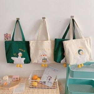 Cute Duck Embroidered Canvas Shoulder Bag for bird lovers Duck Embroidery, Large Shopper Bag, Embroidery Canvas, Bagged Milk, Best Tote Bags, Embroidered Canvas, Duck Canvas, 자수 디자인, Work Bags