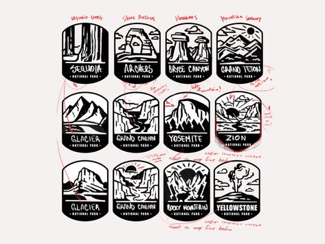 National Parks skech by Aleksandar Savic on Dribbble National Parks Drawing Simple, National Park Cricut, Zion National Park Drawing, Yellowstone National Park Tattoo Ideas, Bryce Canyon Tattoo, National Park Logo Design, Yellowstone National Park Tattoo, National Parks Tattoo Ideas, Zion National Park Tattoo