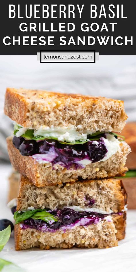 Nothing against the classic sandwich, but this Blueberry Basil Goat Cheese Grilled Cheese Sandwich is a unique variation of everyone's favorite--fresh basil, juicy blueberries and goat cheese with a hint of honey--delicious! Honey Goat Cheese Grilled Cheese, Blueberry Goat Cheese Sandwich, Goat Cheese And Honey Sandwich, Goat Cheese Tea Sandwiches, Blueberry Goat Cheese Grilled Cheese, Fruit And Cheese Sandwich, Goat Grilled Cheese, Goat Cheese Grilled Cheese Sandwiches, Grilled Cheese With Goat Cheese