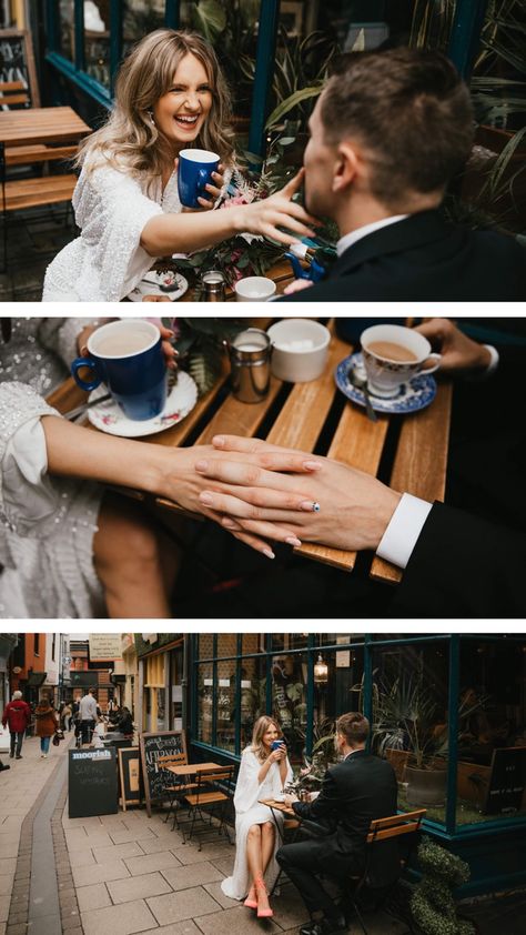 City elopement outside coffee shop Coffee Shop Prenup Shoot, Coffee Shop Prenup Outfit Ideas, Coffee Shop Elopement, Coffee Shop Prewedding, Coffee Engagement Shoot, Coffee Couple Photoshoot, Coffee Shop Wedding Photos, Cafe Photo Ideas Coffee Shop, Coffee Shop Engagement Photoshoot