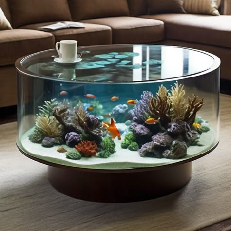 A coffee table with a builtin aquarium beneath a glass 5 Big Boys Bedroom Ideas, Table Fish Tank, Indoor Aquarium, Aquarium Table, Fish Tank Coffee Table, Aquarium Coffee Table, Big Boy Bedrooms, Classic Bed, Aquarium Design