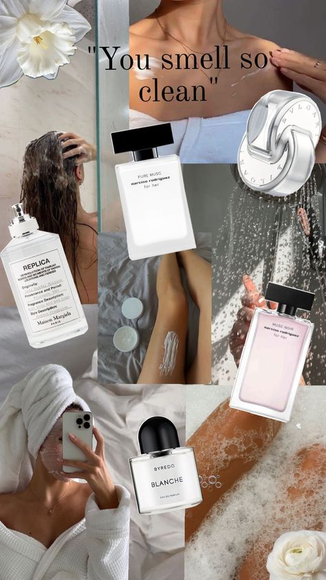 "you smell so clean" #replica #lazysundaymorning #narcisorodriguez #puremusc #muscnoir #blanche #byredo #smellclean #cleangirl #clean #perfumes #smellgood #omniacrystalline #bvlgari Replica Perfume, Fragrance Lab, Clean Perfume, Fresh Perfume, Fragrances Perfume Woman, Perfume Packaging, Perfume Collection Fragrance, Affordable Skin Care, Perfume Scents