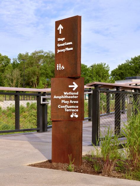 Wayfinding Signage Outdoor, Parking Signage Design, Park Signage Design, Vertical Typography, Totem Signage, Freestanding Signage, Monument Signage, Bruce Mau Design, Bruce Mau