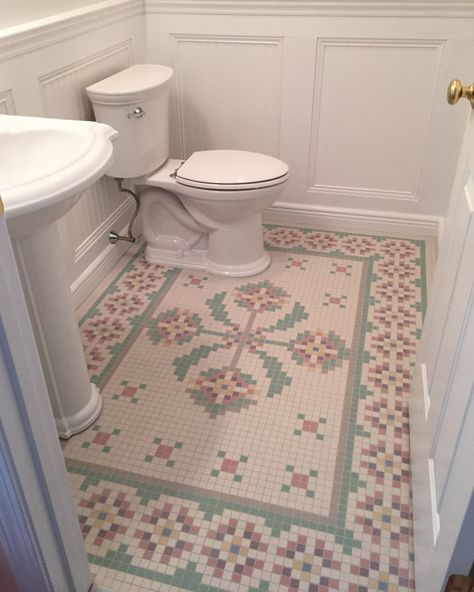 Bathroom Dado Tile, Pretty Tile Floor, Stamped Tile Floor, Quilt Tile Floor Bathroom, Tile Floor Aesthetic, Vintage Mosaic Tile Floor, Cottage Tile Floor, Small Tile Floor, Turn Of The Century Homes