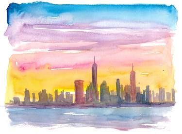 New York Morning, Nyc Painting, Morning New York, New York Watercolor, New York Sunset, New York Painting, Skyline Painting, New York City Skyline, Golden Sunset