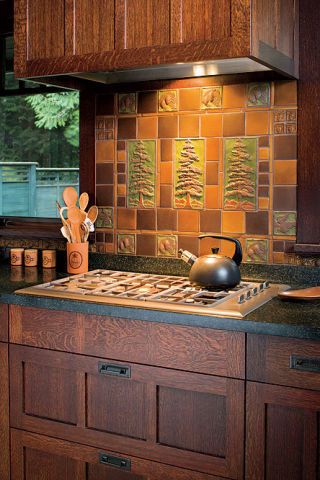 Library Kitchen, Mission Style Kitchens, Tile Backsplash Kitchen, Craftsman Style Kitchen, Arts And Crafts Kitchen, Craftsman Tile, Arts And Crafts Tile, Stove Backsplash, Addition Ideas