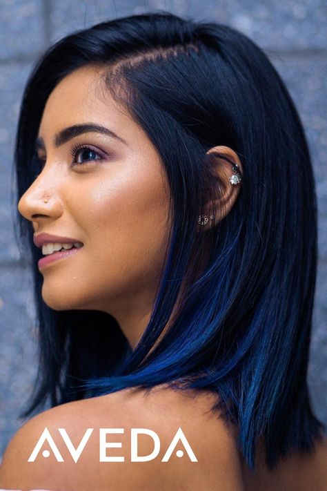 Blue Hair For Black Women, Black With Blue Tint Hair, Hair Color Ideas Natural Colors, Fun Spring Hair Color Ideas, Blue Lowlights In Brown Hair, Colored Hair Underneath, Blue Bayalage Hair, Deep Blue Hair Color, Dark Blue Curly Hair