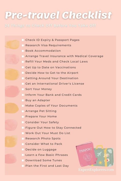 With your destination picked and flights booked; our pre-travel checklist gives you everything you need to prepare for your next trip. Useful for both domestic and international travel, these 24 essential things will help get you ready and organized for a great trip. Via ExpertExplorers.com | Travel Resources / Travel Planning International Trip Checklist, Pre Trip Checklist, Pre Travel To Do List, Pre Travel Checklist, Packing For International Travel, International Trip Packing List, International Travel Packing Checklist, International Travel Packing, International Travel Checklist