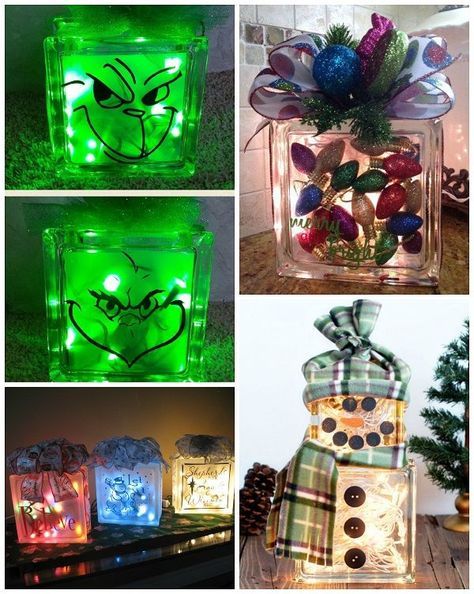 Christmas Glass Block Craft Ideas - Crafty Morning Memory Glass Blocks Diy, Grinch Projects, Glass Blocks With Lights, Block Decorations, Block Snowman, Painted Glass Blocks, Christmas Glass Blocks, Decorative Glass Blocks, Snowman Blocks