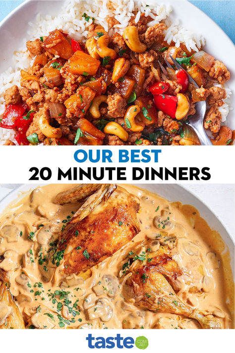 We’re bringing you the team’s picks of the best meals to make when time is tight. How do we know they take 20 minutes? Our foodies have tried, tested and timed them. With plenty of quick new dinner recipes to kick off spring, plus speedy versions of classic faves, every weeknight meal idea you need is right here. Entree Recipes Dinner, Spring Meals Dinners, New Dinner Recipes, 20 Minute Meals, Top Dinner Recipes, 20 Minute Dinners, Spring Meals, Comfort Pasta, Taste Food