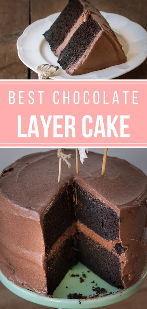 Layered with a creamy fudge frosting, this easy-to-make chocolate layer cake is moist with a deep chocolate flavor. | The best birthday cake for parties - prettysimplesweet.com #layercake #chocolatecake #birthdaycake #cakerecipes Homemade Chocolate Buttercream Frosting, Zucchini Cakes, Chocolate Layer Cake Recipe, Delicious Chocolate Cake, Chocolate Frosting Recipes, Layer Cake Recipes, Cupcake Recipes Chocolate, Chocolate Buttercream Frosting, Baking Tutorial